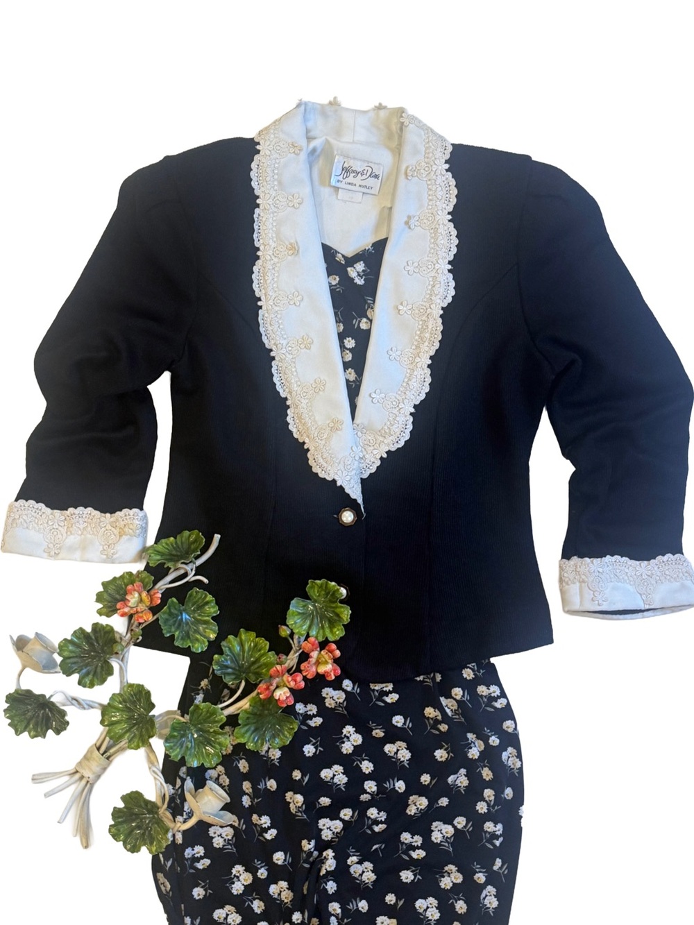 Vintage Lace Collar Blazer Jacket Black Pearl Jeffrey Dara Linda Hutley Size 7/8